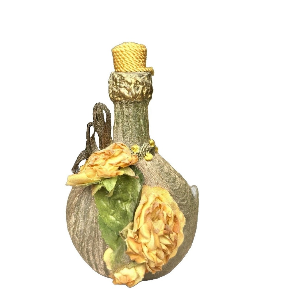 Vintage Gold Wrapped Decanter Bottle Faux Yellow Roses Floral Decor